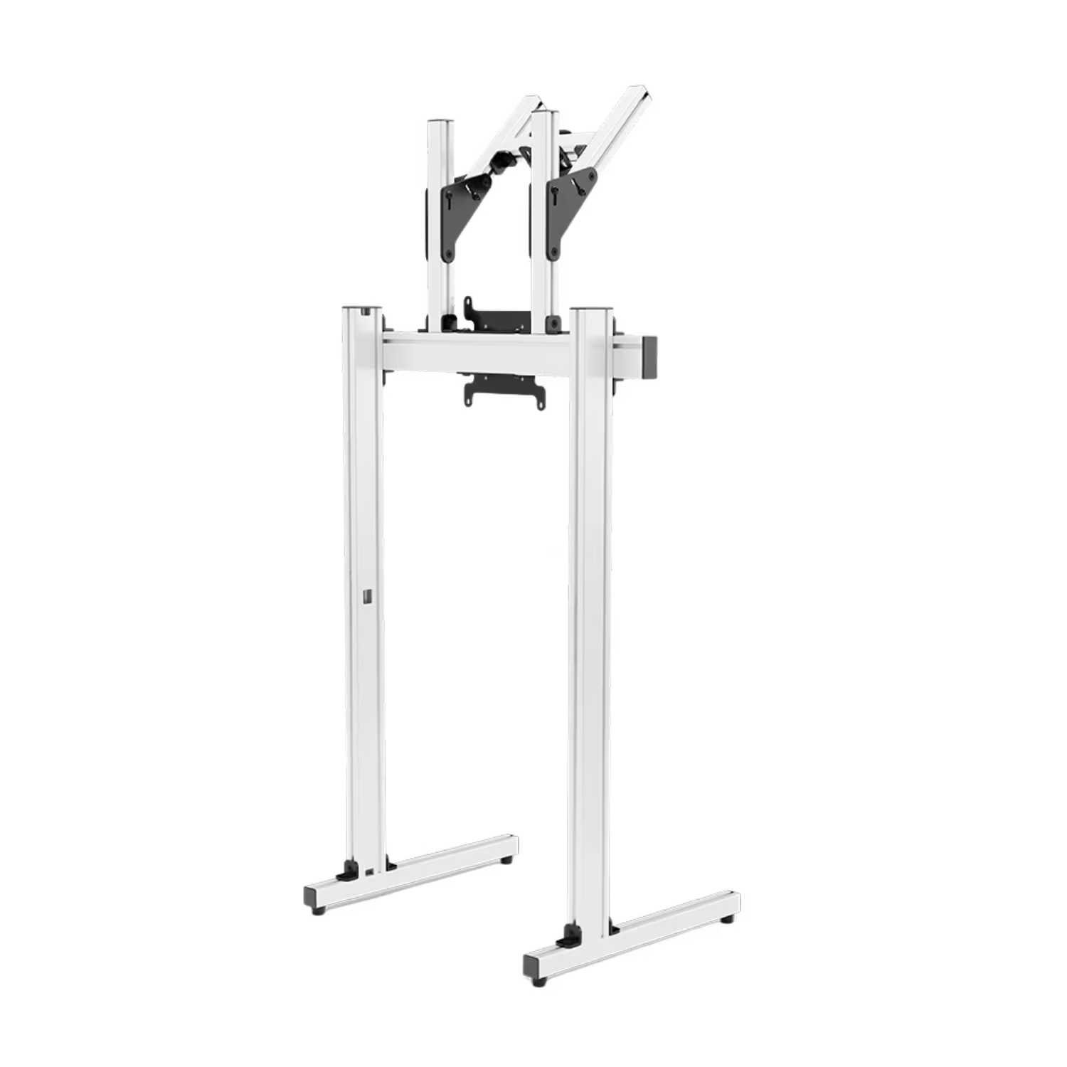 White dual-monitor frame contrasted with dark steel brackets and screen mounts